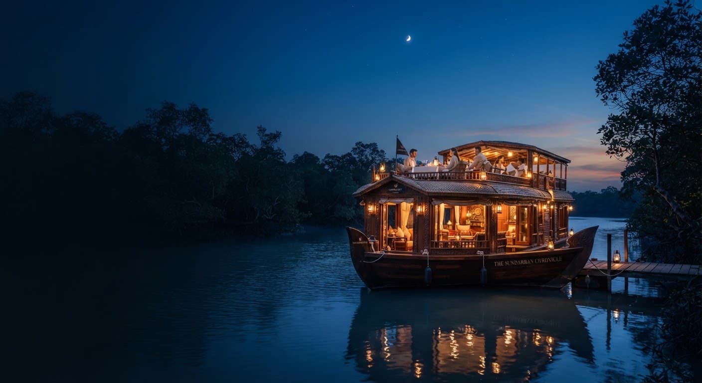 A wooden tourist boat lit from within at twilight on a calm river