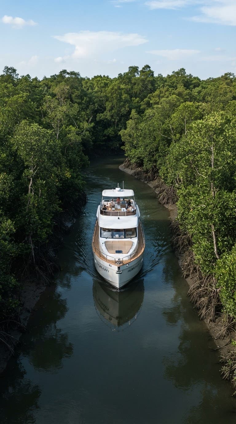 A river cruiser gliding through a narrow, densely forested mangrove channel