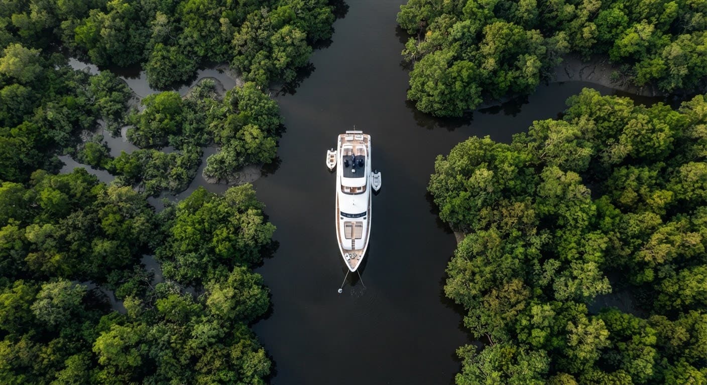 An aerial view of a white yacht anchored on a dark river amid green canopy