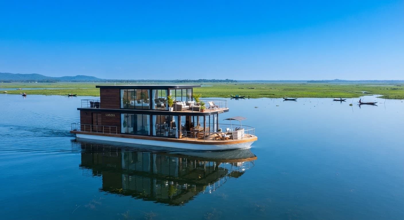 A modern houseboat with wooden panelling crossing bright open water