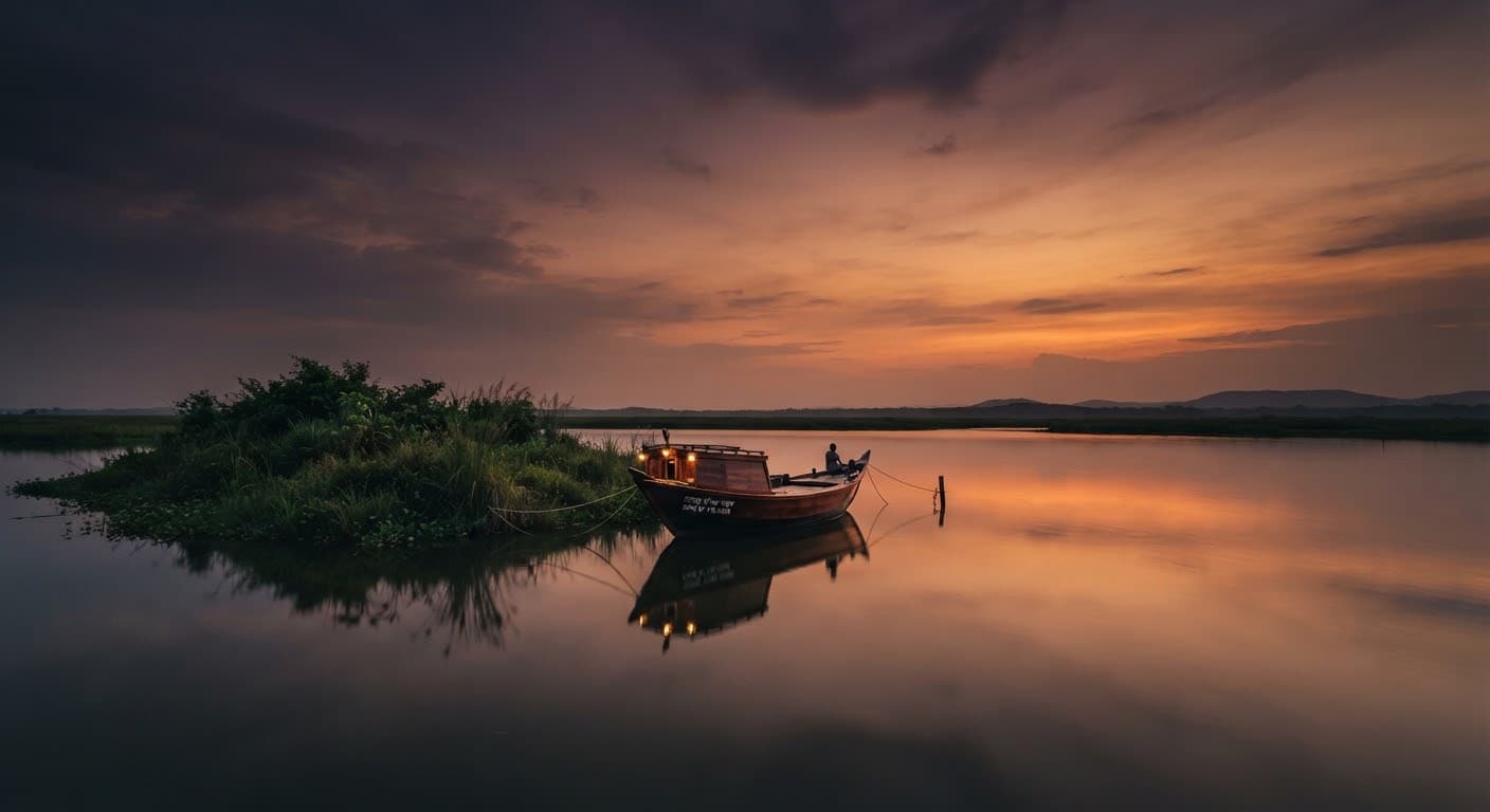 A traditional boat moored beside marshland under a deep orange sunset