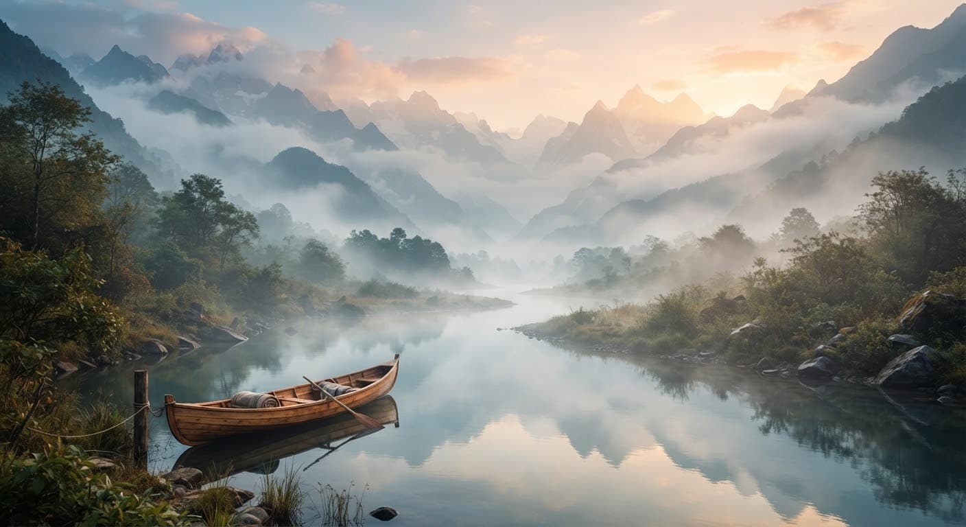 A wooden boat resting on a still river at dawn below mist-covered hills
